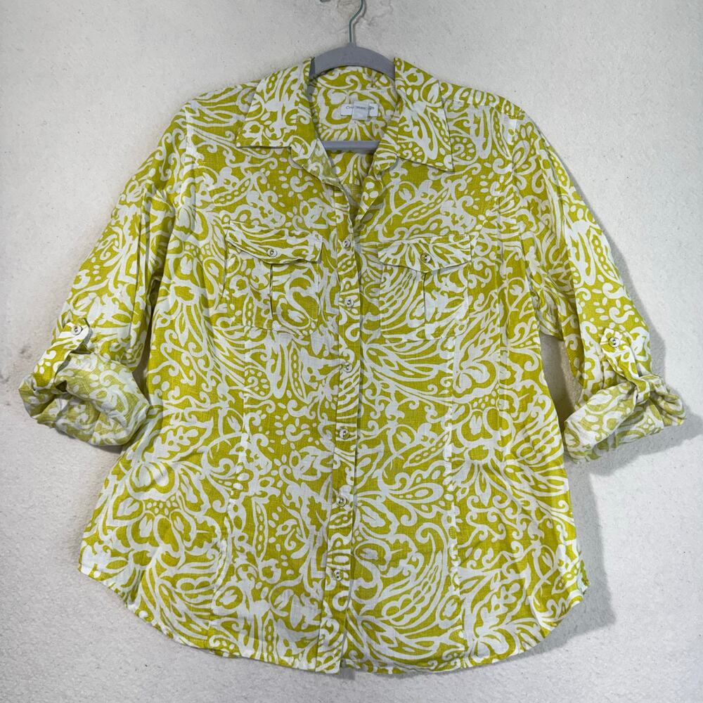 Charter Club Woman Lime Yellow Printed Linen Roll Sleeve Button-Up Shirt Size 14